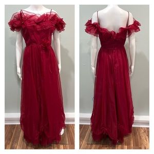 VINTAGE Dress Union Made Ruffle Off Shoulder Red Formal Ball Gown Fancy